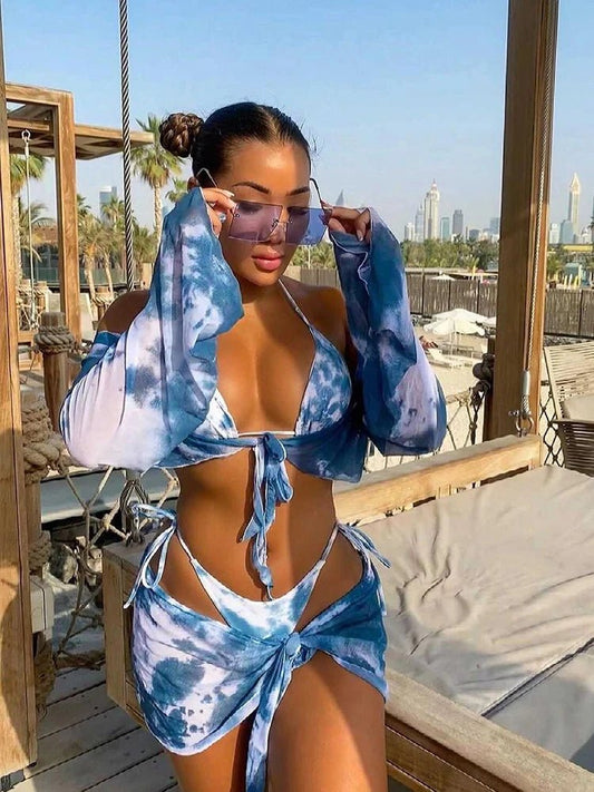 Tropical Hues: 4-Piece Blue Tie Dye Bikini Set 2023