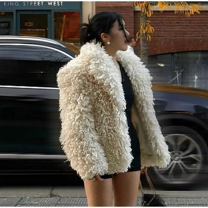 Elegant Turndown Collar Faux Fur Coat