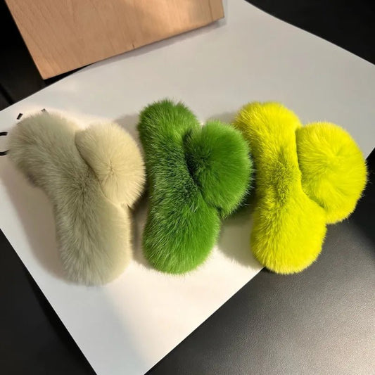 Chic Green Plush Elegance: Stylish Hair Claw for Women and Girls