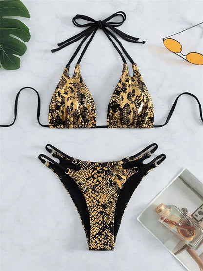 Radiant Serpent: Gold Snake Print Bikini Set 2023